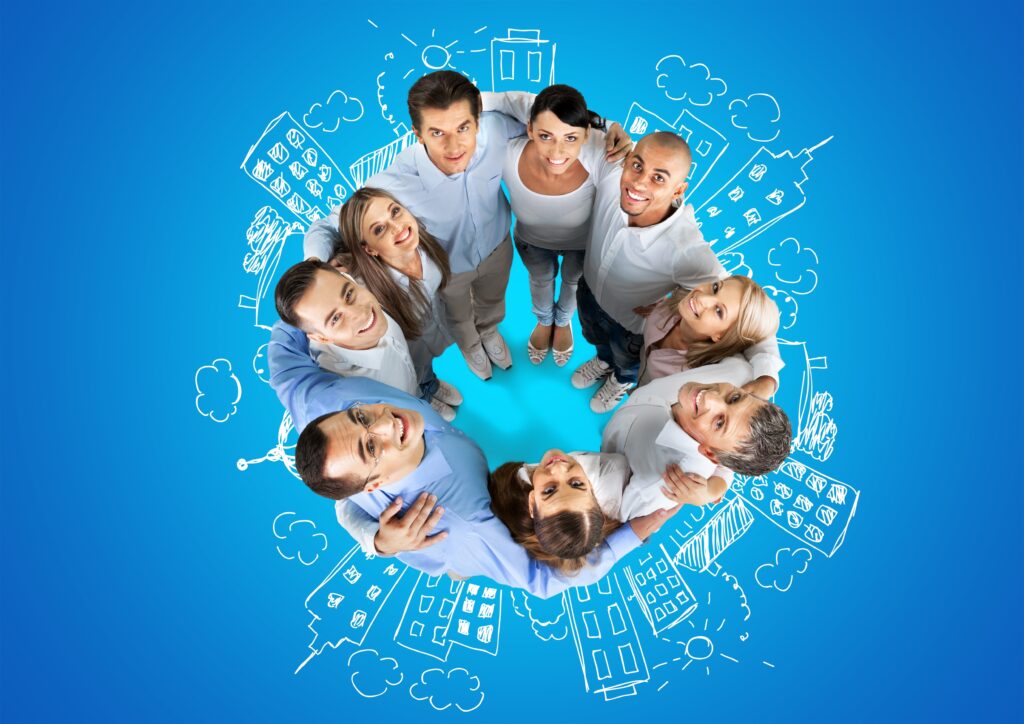 people higging in circle and loking up