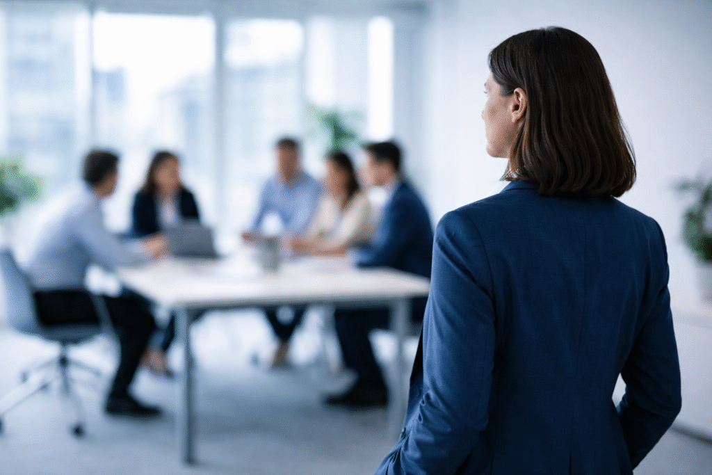 Liderazgo y desgaste cultural: cuando la forma de liderar empieza a pesar Líder observando a su equipo en una reunión, reflexionando sobre el impacto del liderazgo en el bienestar y la cultura organizacional.