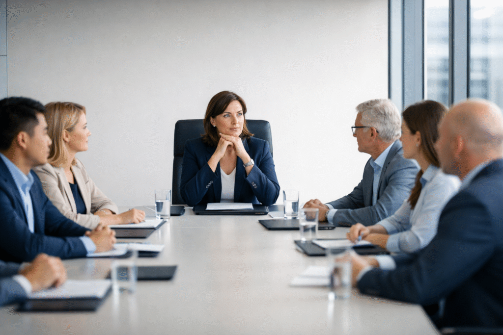 El impacto del liderazgo en la cultura: exigencia sin conciencia y sus consecuencias Líder en reunión ejecutiva reflexionando sobre el impacto del liderazgo en la cultura organizacional.