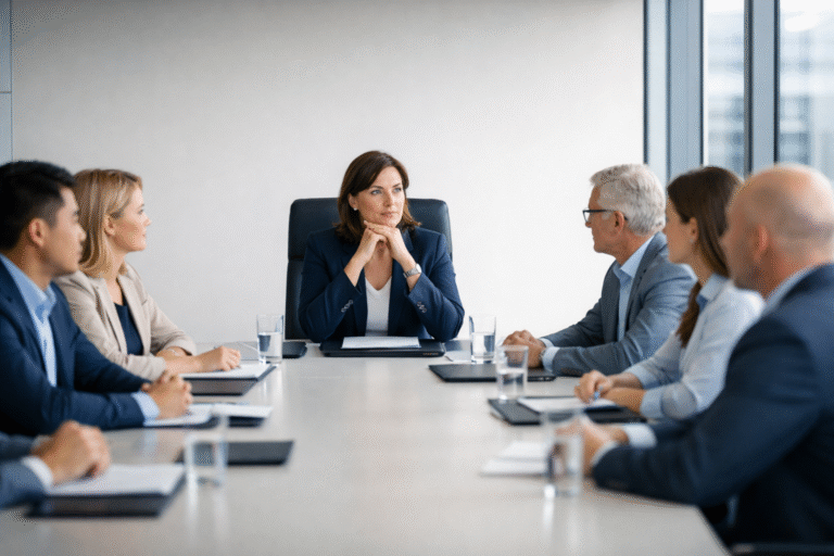 Líder en reunión ejecutiva reflexionando sobre el impacto del liderazgo en la cultura organizacional.