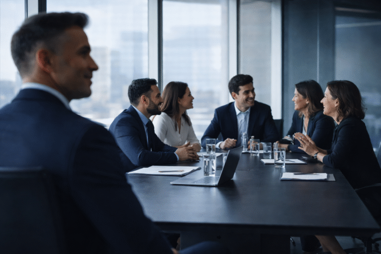 Líder observando a su equipo en reunión mientras modela cultura organizacional de forma consciente.