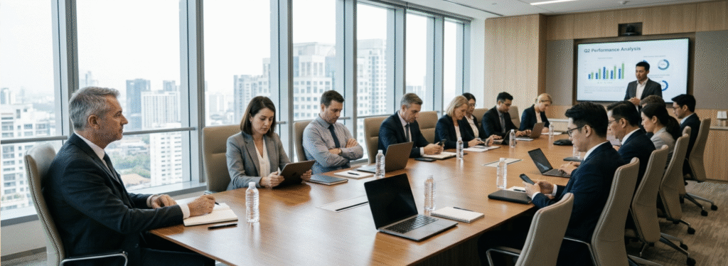 Equipo en reunión de trabajo con señales de desgaste cultural y baja interacción