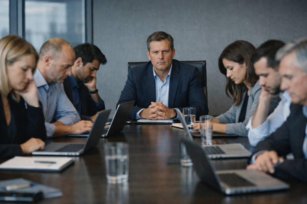 Líder en reunión con equipo mostrando impacto de la gestión emocional en el desempeño del equipo