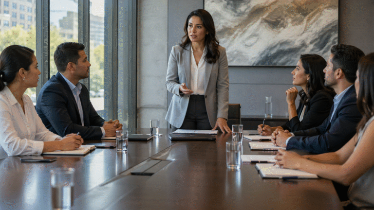 Líder dirigiendo reunión con su equipo en oficina corporativa, imagen sobre comunicación, claridad y liderazgo que impacta el desempeño del equipo.